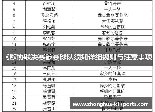 《欧协联决赛参赛球队须知详细规则与注意事项》